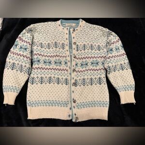 Vintage L.L. Bean cream,aqua,green & purple wool cardigan. L. Very gently used.